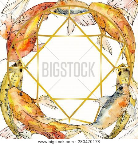 Watercolor Aquatic Underwater Tropical Fish Set. Red Sea And Exotic Fishes Inside: Goldfish. Frame B