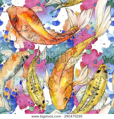 Watercolor Aquatic Underwater Colorful Tropical Fish Set. Red Sea And Exotic Fishes Inside: Golden F