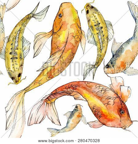 Watercolor Aquatic Underwater Colorful Tropical Fish Set. Red Sea And Exotic Fishes Inside: Golden F