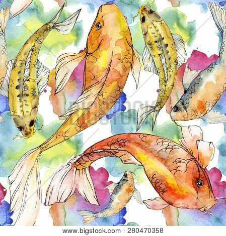 Watercolor Aquatic Underwater Colorful Tropical Fish Set. Red Sea And Exotic Fishes Inside: Golden F
