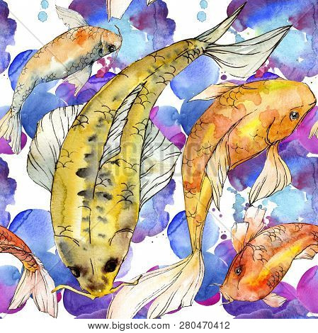 Watercolor Aquatic Underwater Colorful Tropical Fish Set. Red Sea And Exotic Fishes Inside: Golden F