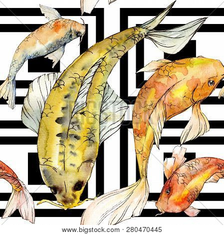 Watercolor Aquatic Underwater Colorful Tropical Fish Set. Red Sea And Exotic Fishes Inside: Golden F