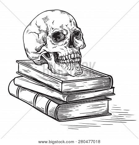 Handmade Sketch Death Concept Human Skull On Old Books On Dark Background Vector
