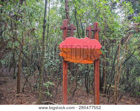 Blank Wooden Banner On The Mountain In Foggy Day