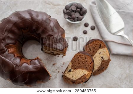 Traditional Home Made Chocolate Gugelhupf Cake On A Table
