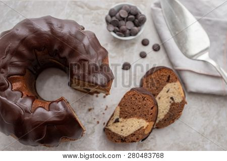 Traditional Home Made Chocolate Gugelhupf Cake On A Table