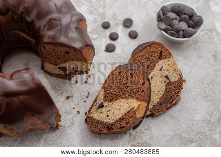 Traditional Home Made Chocolate Gugelhupf Cake On A Table