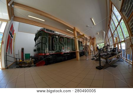Flam railway museum.Station old Flam Railway. The Flamsbana is a 20.2-kilometer long railway line between Myrdal and Flam in Aurland, June 17,2018. Flam, Norway, Scandinavia.