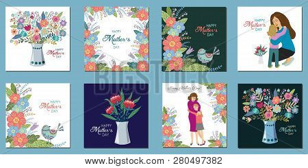 Happy Mothers Day, Ser Of Hand Draw Design Template For Greeting Cards , Vector