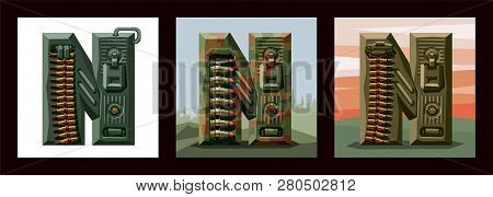 Set Letters N Military Alphabet Font. Vector Imitation Of Old Pixel Games, Limited Number Of Colors 