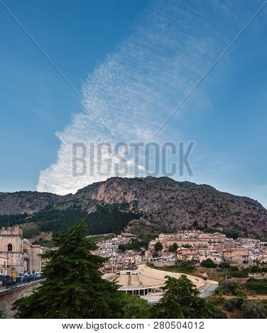 Evening Twilight Old Medieval Stilo Famous Calabria Village View, Southern Italy. People Are Unrecog