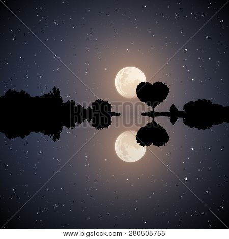 Romantic Landscape On Moonlit Night. Vector Illustration With Silhouette Of Tree In Shape Of Heart. 