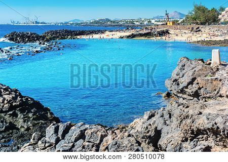 Lagoon With Turquoise Clear Water In Playa Jablillo Beach, In Costa Teguise, Lanzarote, Canary Islan