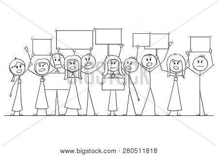 Cartoon Stick Figure Isolated Drawing Or Illustration Of Group Or Crowd Of Protesters Protesting Wit
