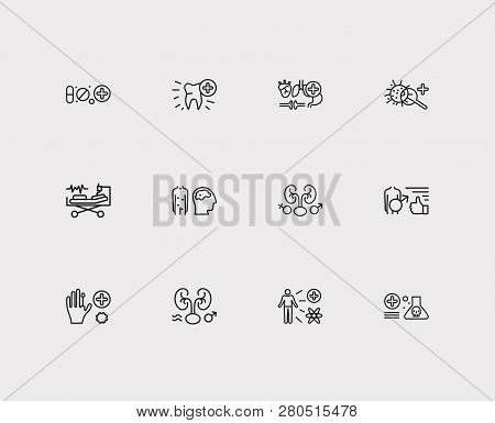 Medicine Icons Set. Dentistry And Medicine Icons With Men Health, Pharmacology, Andrology. Set Of Ra