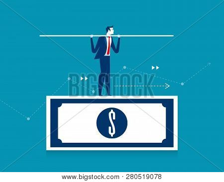 Man Balancing On The Dollar Banknote. Concept Business Finance Vector Illustration. Balance.