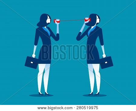 Businesswoman Communicating Through Tin Cans. Concept Business Communication. Vector Flat.