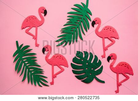 Flamingos And Leaves On A Pink Background. Summer Design.