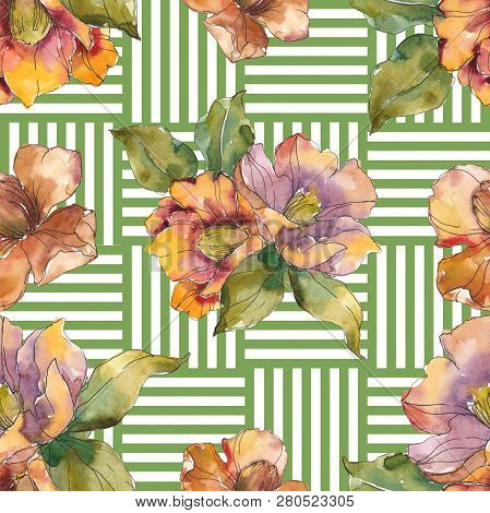 Red And Orange Camelia Foral Botanical Flower. Watercolor Background Illustration Set. Seamless Back