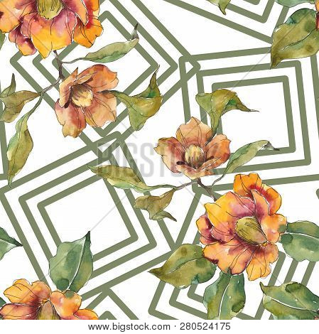 Red And Orange Camelia Foral Botanical Flower. Watercolor Background Illustration Set. Seamless Back