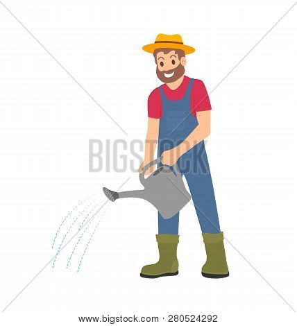 Farmer With Watering Can Working On Farm Isolated Vector Icon. Smiling Bearded Man Cartoon Style In 