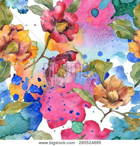 Red And Orange Camelia Foral Botanical Flower. Watercolor Background Illustration Set. Seamless Back