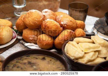 Ukrainian Donuts On A Christmas Table. Ukrainian Holy Evening.