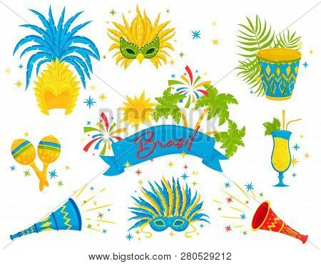 Flat Vector Set Of Brazilian Festive Attributes. Cocktail, Carnival Noisemakers And Musical Instrume