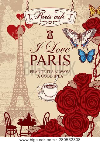 Vector Menu For Paris Cafe With The Eiffel Tower, Table And Chairs, Butterfly, Red Hearts And Roses 