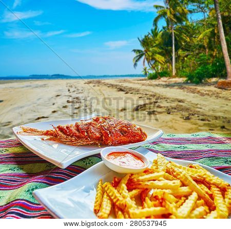 Enjoy The Picnic On The Secret Beach With Deep Fried Fish And French Fries With Sauce, Chaung Tha, M
