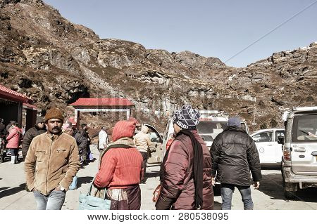 Baba Harbhajan Singh Mandir, Gangtok, India 2 Jan, 2019: Tourist People Enjoying Holiday Outside Tem