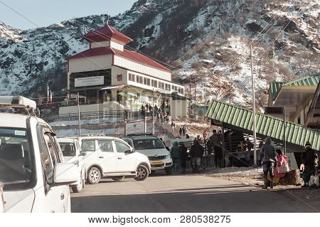 Tsomgo Lake, Gangtok, India 2 Jan, 2019: View Of Rope Way Building. A Short Ropeway Has Started At T
