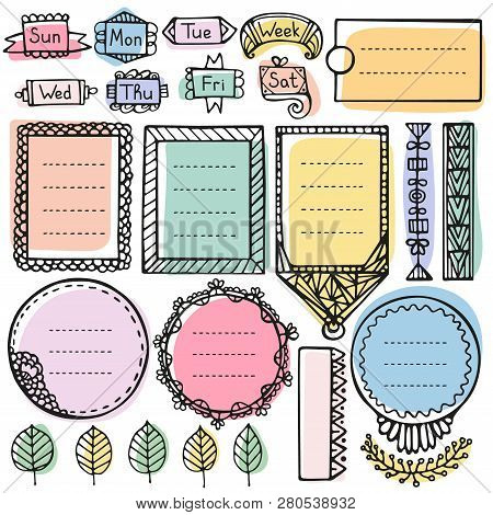 Bullet Journal Hand Drawn Vector Elements For Notebook, Diary And Planner. Cute Doodle Frames Set Is