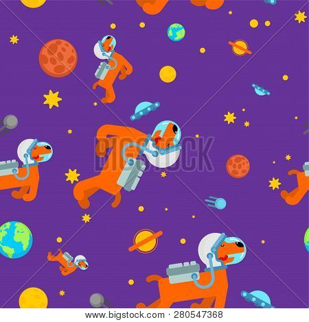 Dog Astronaut Space Pattern Seamless. Pet Spaceman Background. Puppy Cosmonaut Costume. Universe Tex