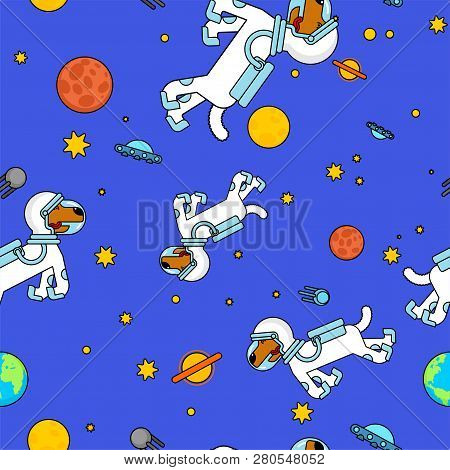 Dog Astronaut Space Pattern Seamless. Pet Spaceman Background. Puppy Cosmonaut Costume. Universe Tex