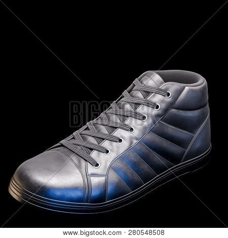 3d Realistic Render Of A Shoe In Dark Color, With A Black Background