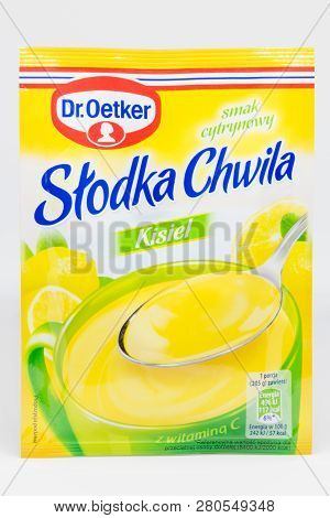 Pruszcz Gdanski, Poland - January 24, 2019: Dr. Oetker Slodka Chwila Kisiel With Lemon Flavour.
