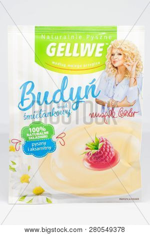 Pruszcz Gdanski, Poland - January 24, 2019: Gellwe Pudding Of Sour Cream Flavor. Bag Of Budyn With M