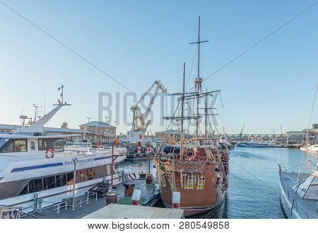 Cape Town, South Africa, August 9, 2018:  The Sea Princess Robben Island Ferry And The Jolly Roger P