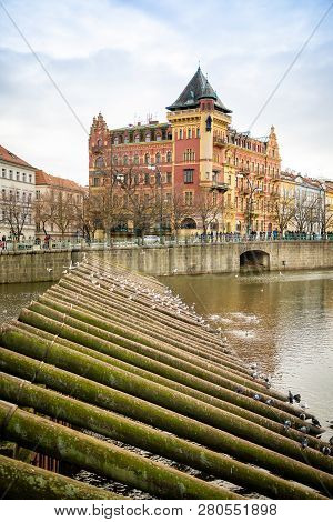 Prague, Czech Republic - 12.01.2019: View Of Embankment Smetanovo Nabrezi In Prague Old Town From Th