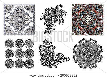 Set Of Traditional Kalamkari Ornamental Floral Paisley Design