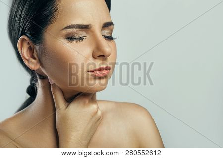 Tired Neck. Beautiful Young Woman Suffering From Neck Pain. Attractive Female Feeling Tired, Exhaust