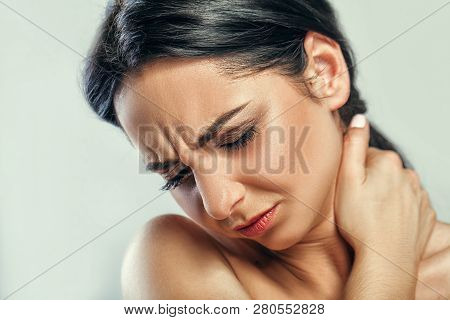 Tired Neck. Beautiful Young Woman Suffering From Neck Pain. Attractive Female Feeling Tired, Exhaust