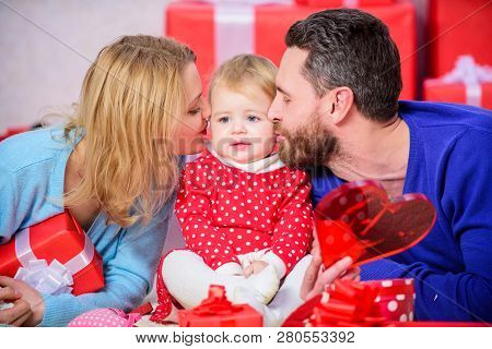 Father, Mother And Doughter Child. Valentines Day. Red Boxes. Love And Trust In Family. Bearded Man 