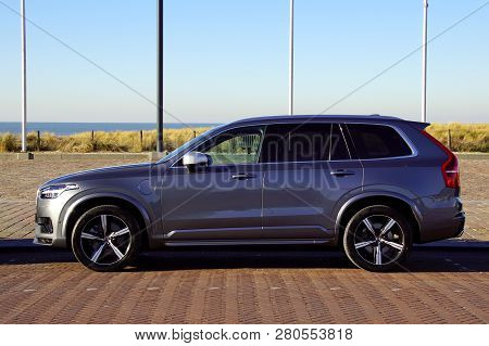 Noordwijk, The Netherlands - Januari 20, 2019: Volvo Xc90 Parked By The Side Of The Road. Nobody In 