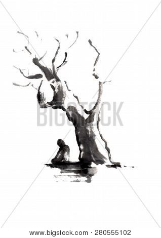Man Mediating Uner Tree Japanese Style Original Sumi-e Ink Painting.