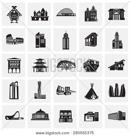 Modern And Old Buildings Set On Squares Background Icons