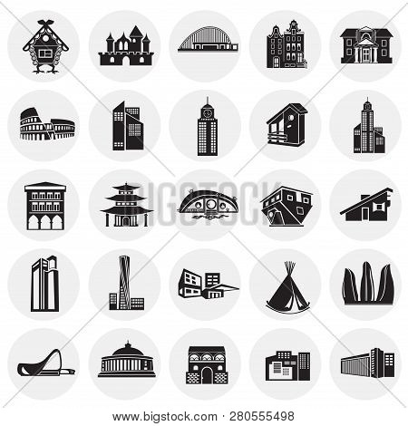 Modern And Old Buildings Set On Circles Background Icons