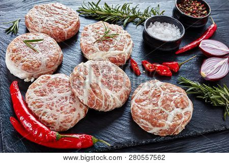 Close-up Of Meat Patties - Raw Atriaux Of Ground Pork Wrapped In Caul Fat, Swiss Cuisine, Sort Of Sa