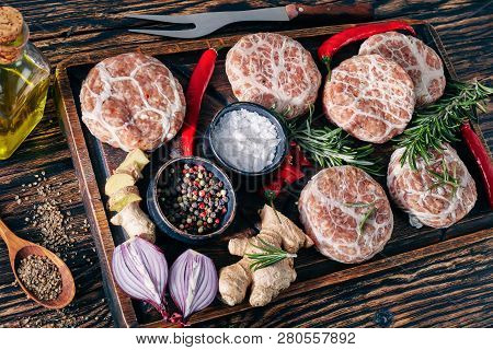 Close-up Of Meat Patties - Raw Atriaux Of Ground Pork Wrapped In Caul Fat, Swiss Cuisine, Sort Of Sa